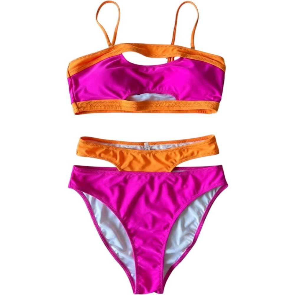 Triangle 2 Piece Bathing Suit Bikini Contrast Piping Straps Vibrant Colorblock M